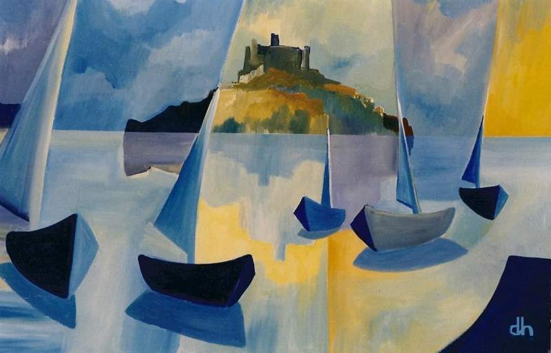 Blue Boats in Mounts Bay, a painting by David Hosking